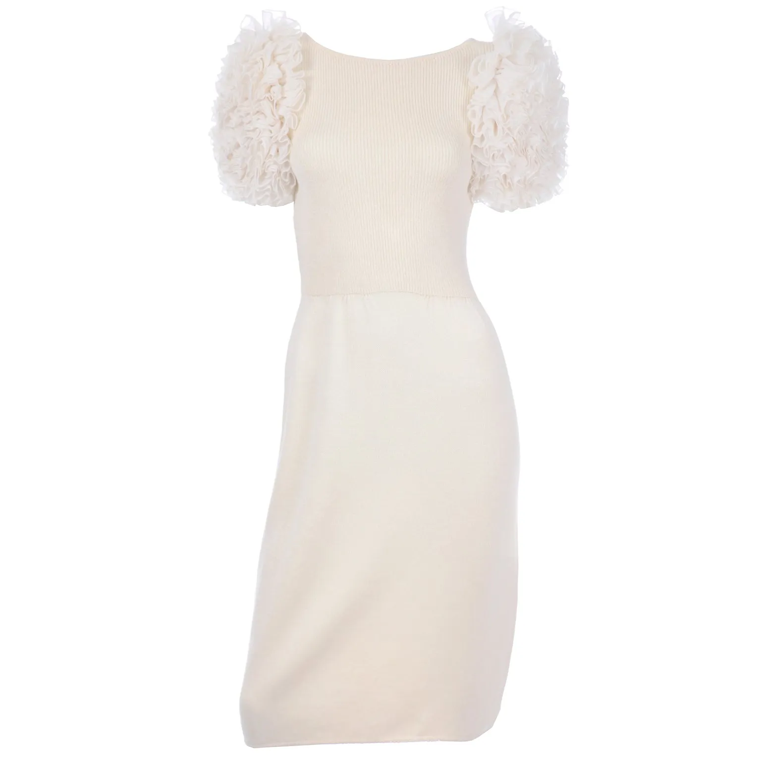 1980s St. John Cream Knit Dress w Ruffled Statement Sleeves