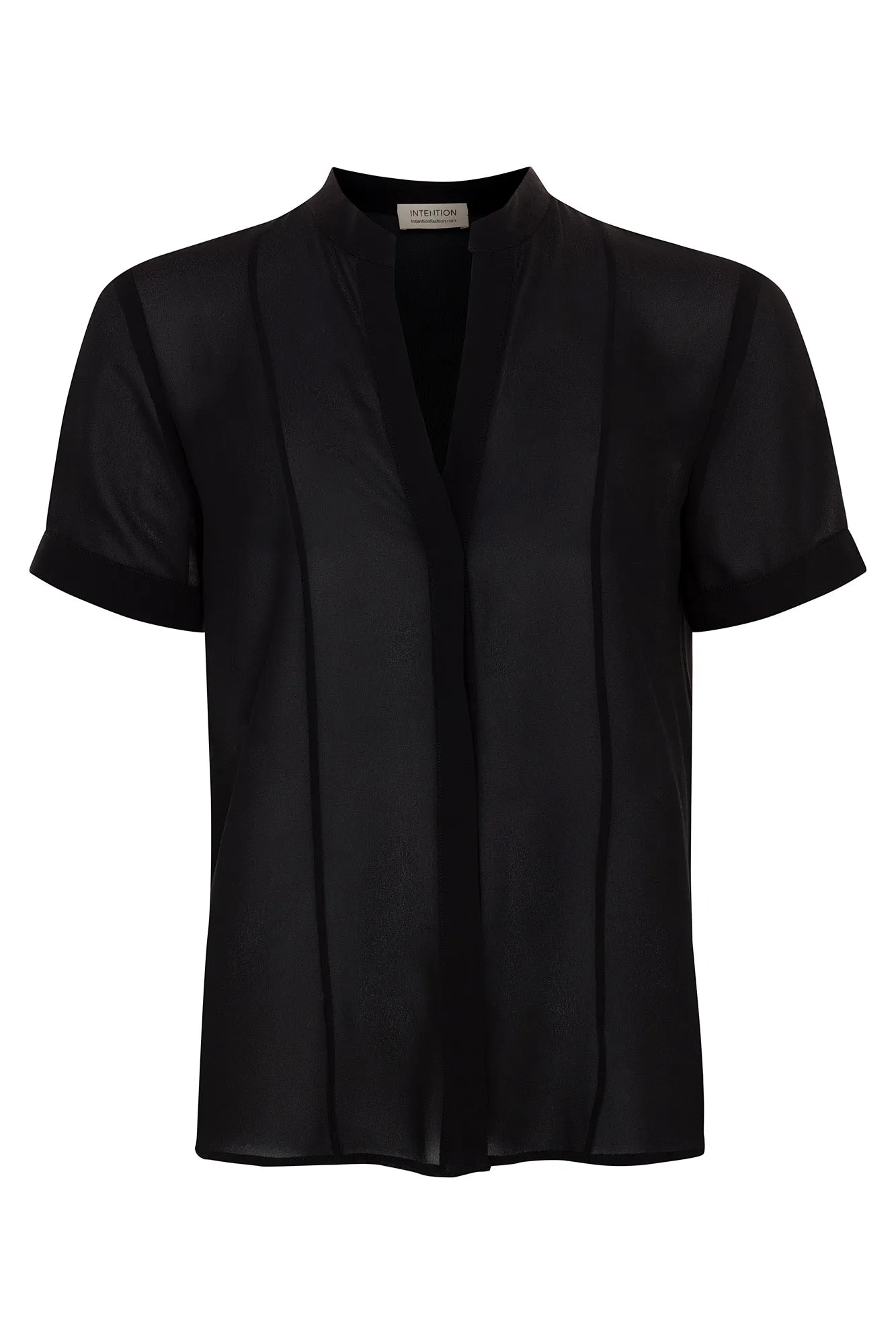 Black French Chiffon Split-Neck Short Sleeve Top