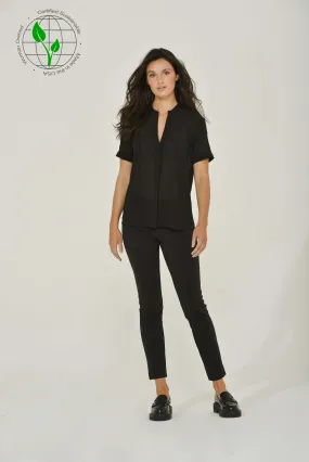 Black French Chiffon Split-Neck Short Sleeve Top