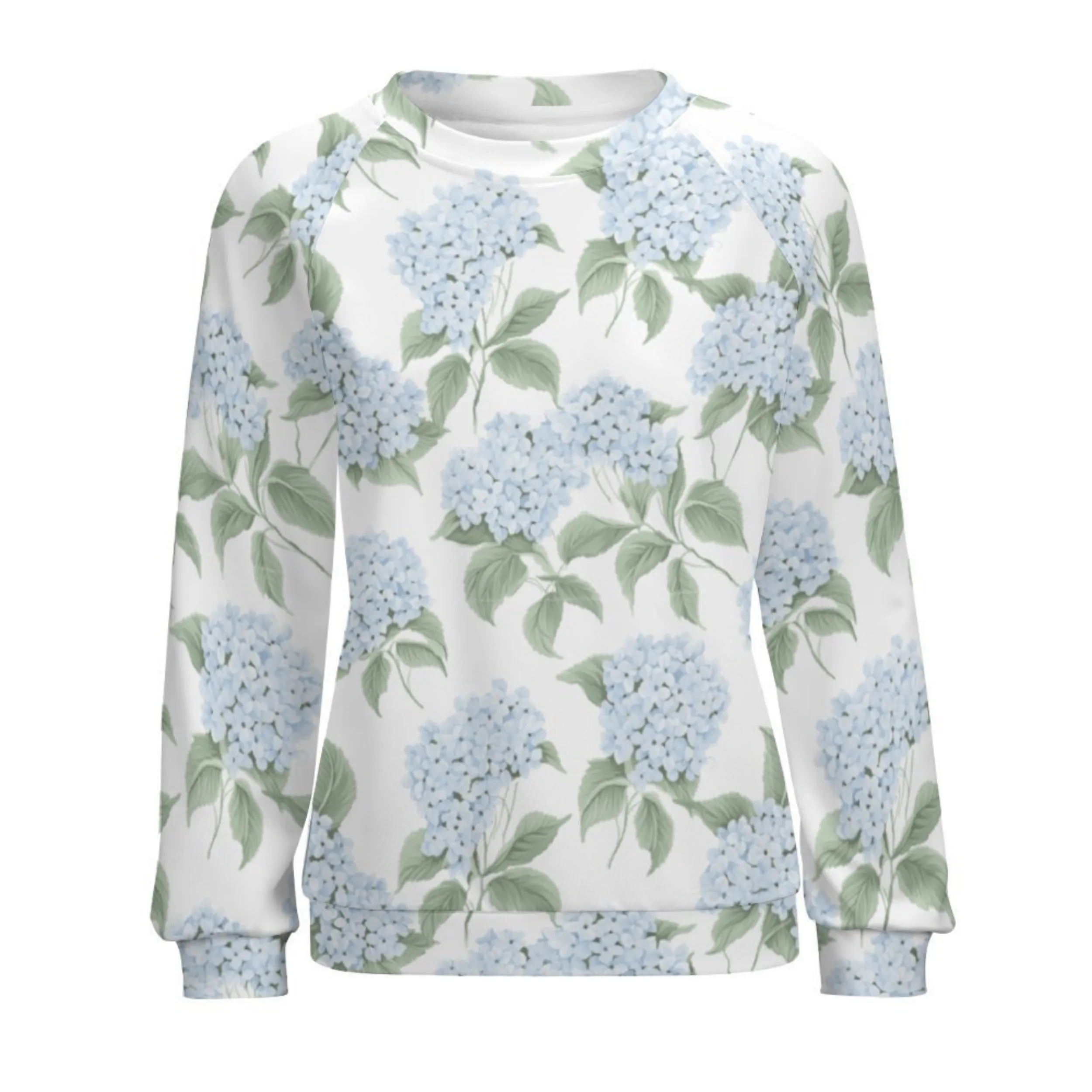 Blue Hydrangea Women's Raglan Crewneck Sweatshirt | Floral Heart Wreath Top | Cozy Autumn & Winter Crewneck