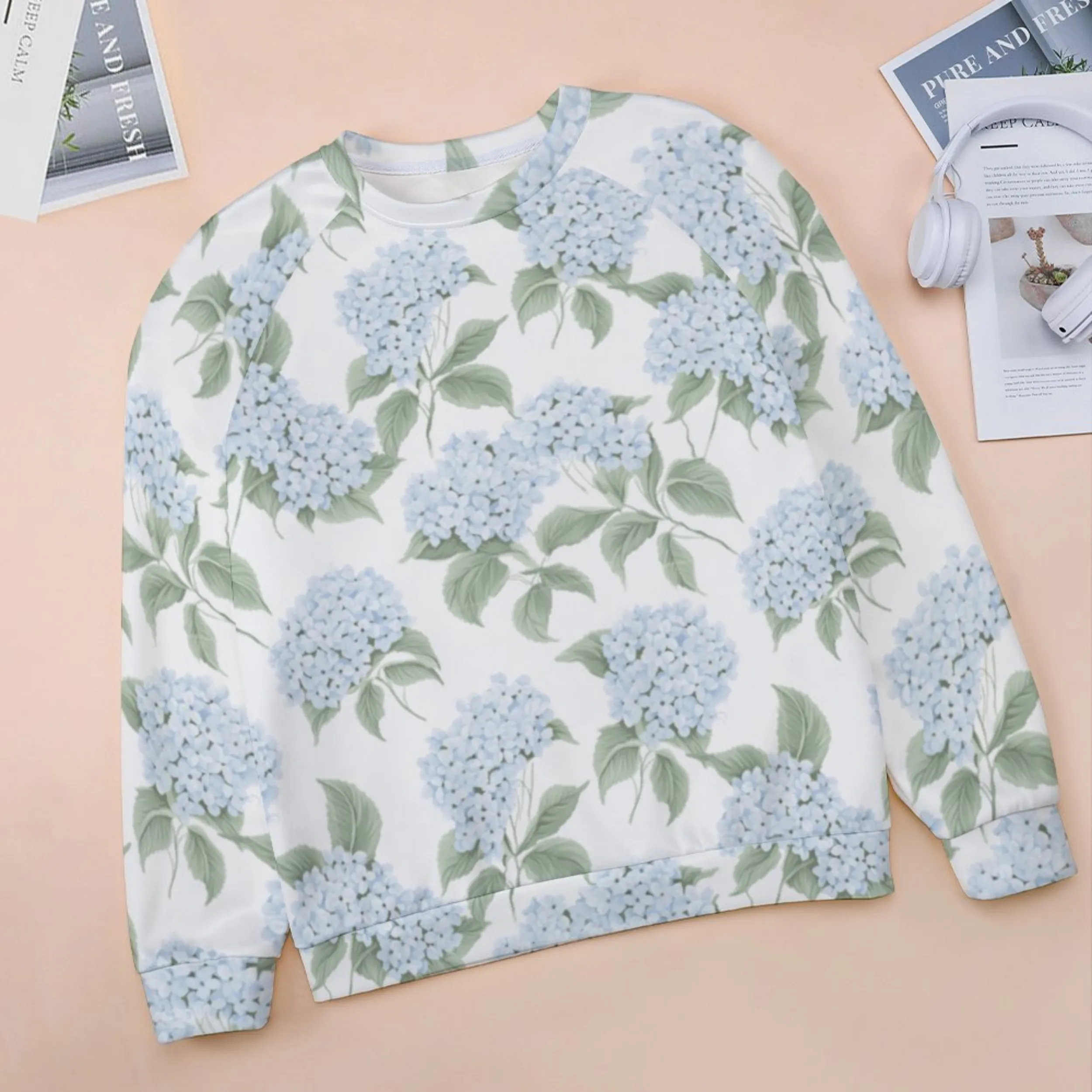 Blue Hydrangea Women's Raglan Crewneck Sweatshirt | Floral Heart Wreath Top | Cozy Autumn & Winter Crewneck