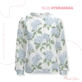 Blue Hydrangea Women's Raglan Crewneck Sweatshirt | Floral Heart Wreath Top | Cozy Autumn & Winter Crewneck