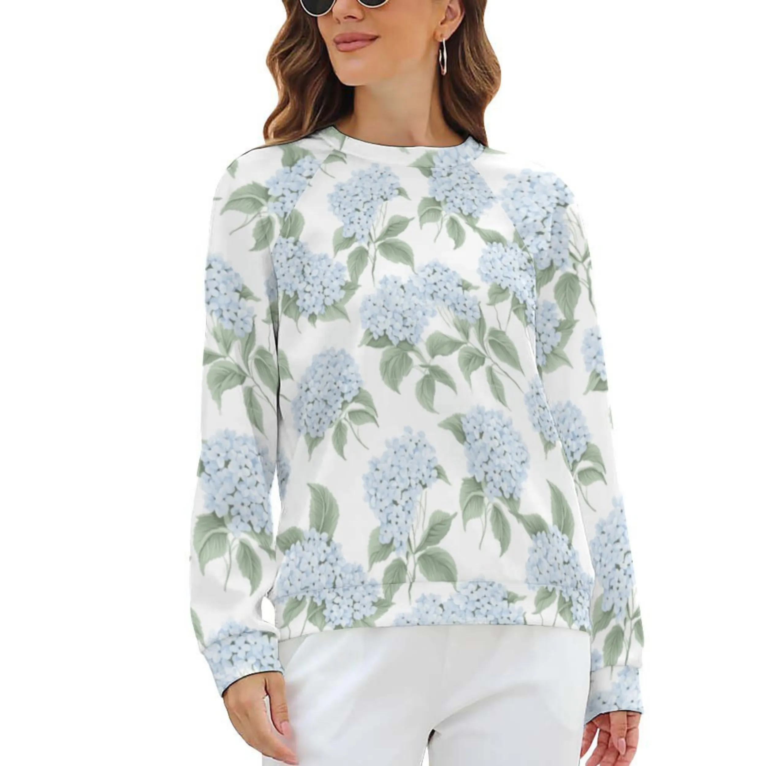 Blue Hydrangea Women's Raglan Crewneck Sweatshirt | Floral Heart Wreath Top | Cozy Autumn & Winter Crewneck