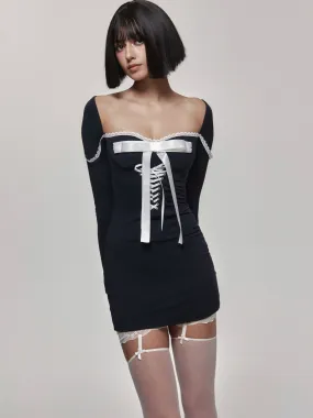 Bow Tie Knit Bodycon Square-Neck Dress