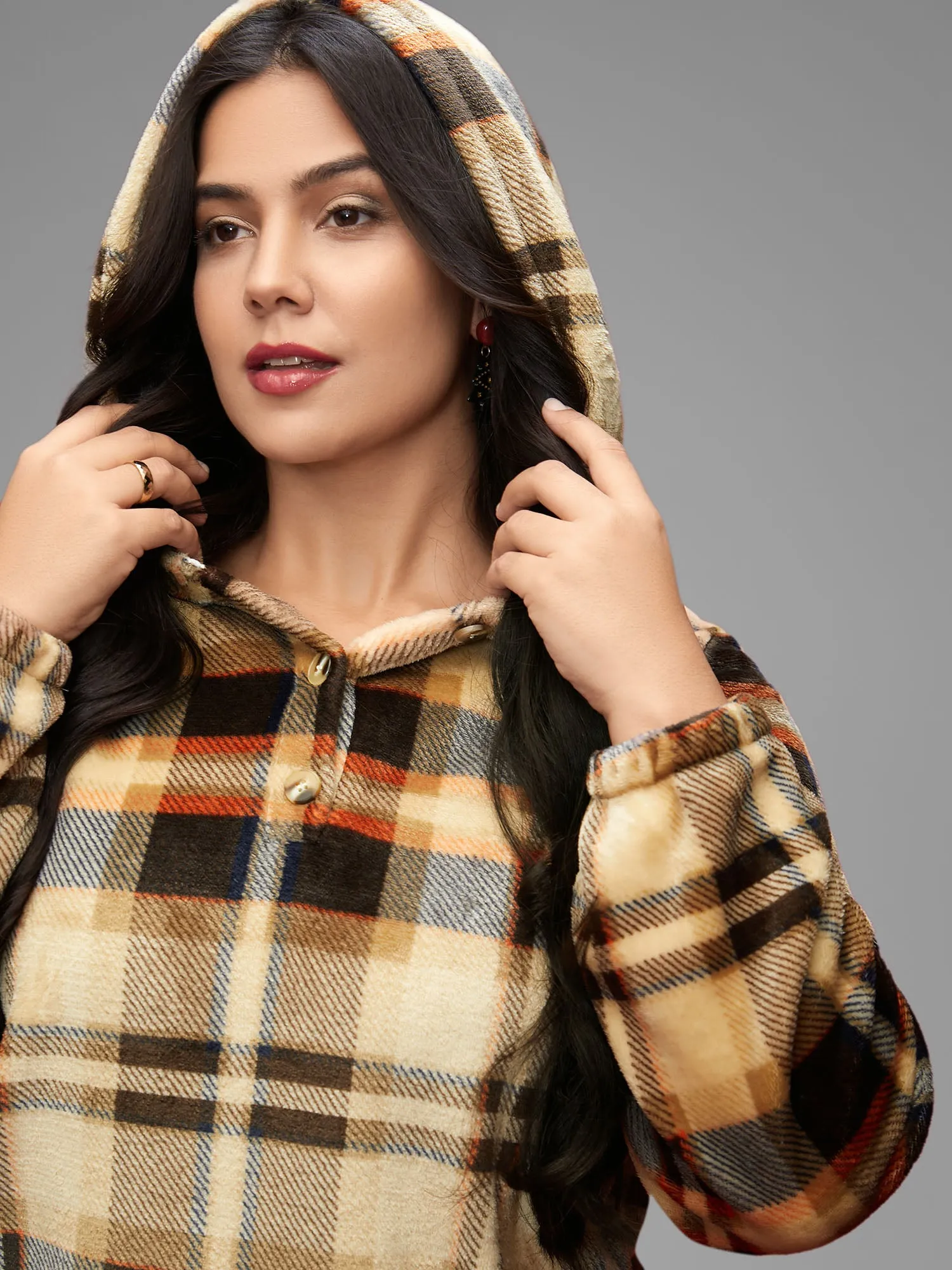 Fuzzy Pullover Plaid Hoodie