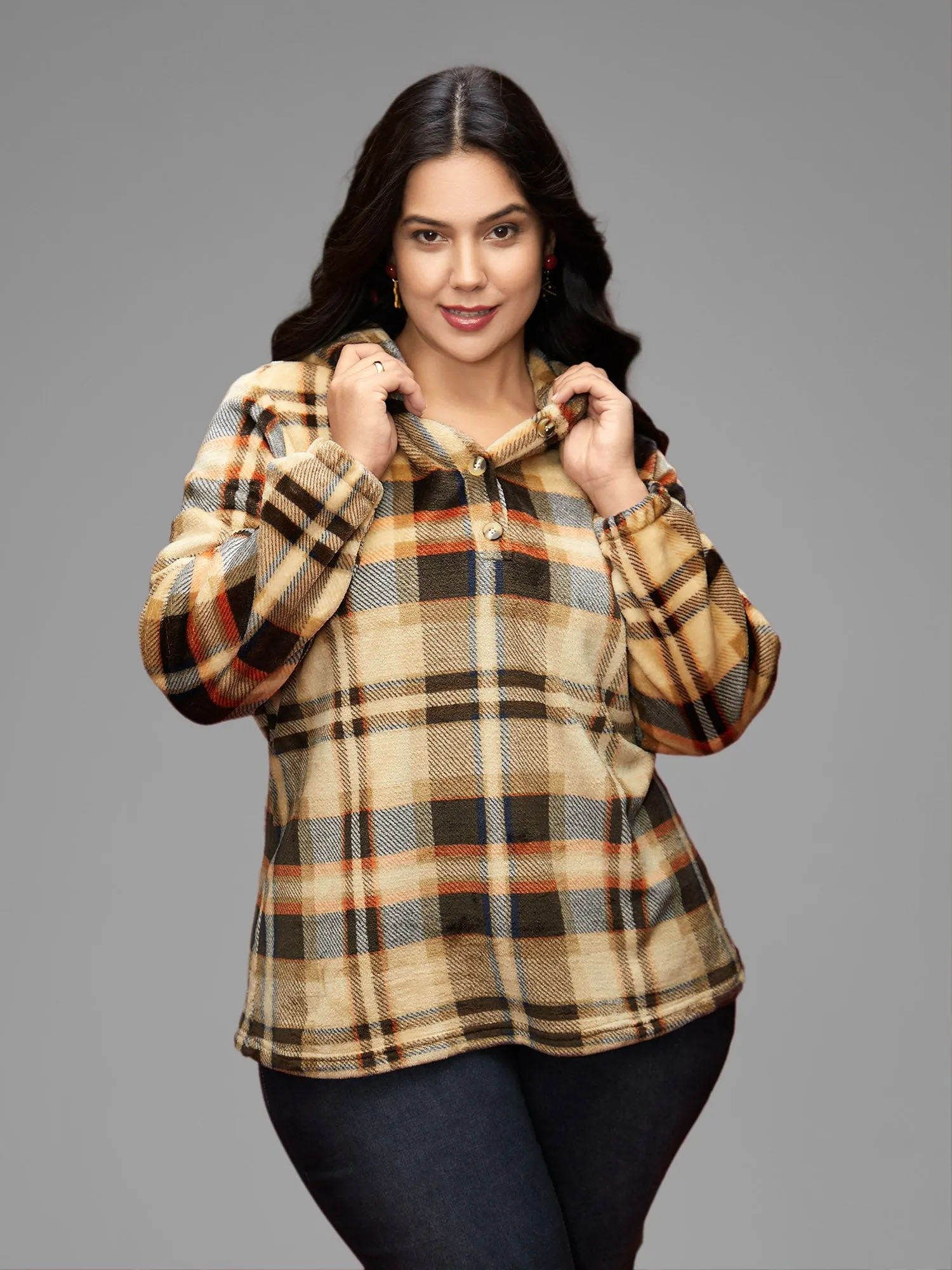 Fuzzy Pullover Plaid Hoodie