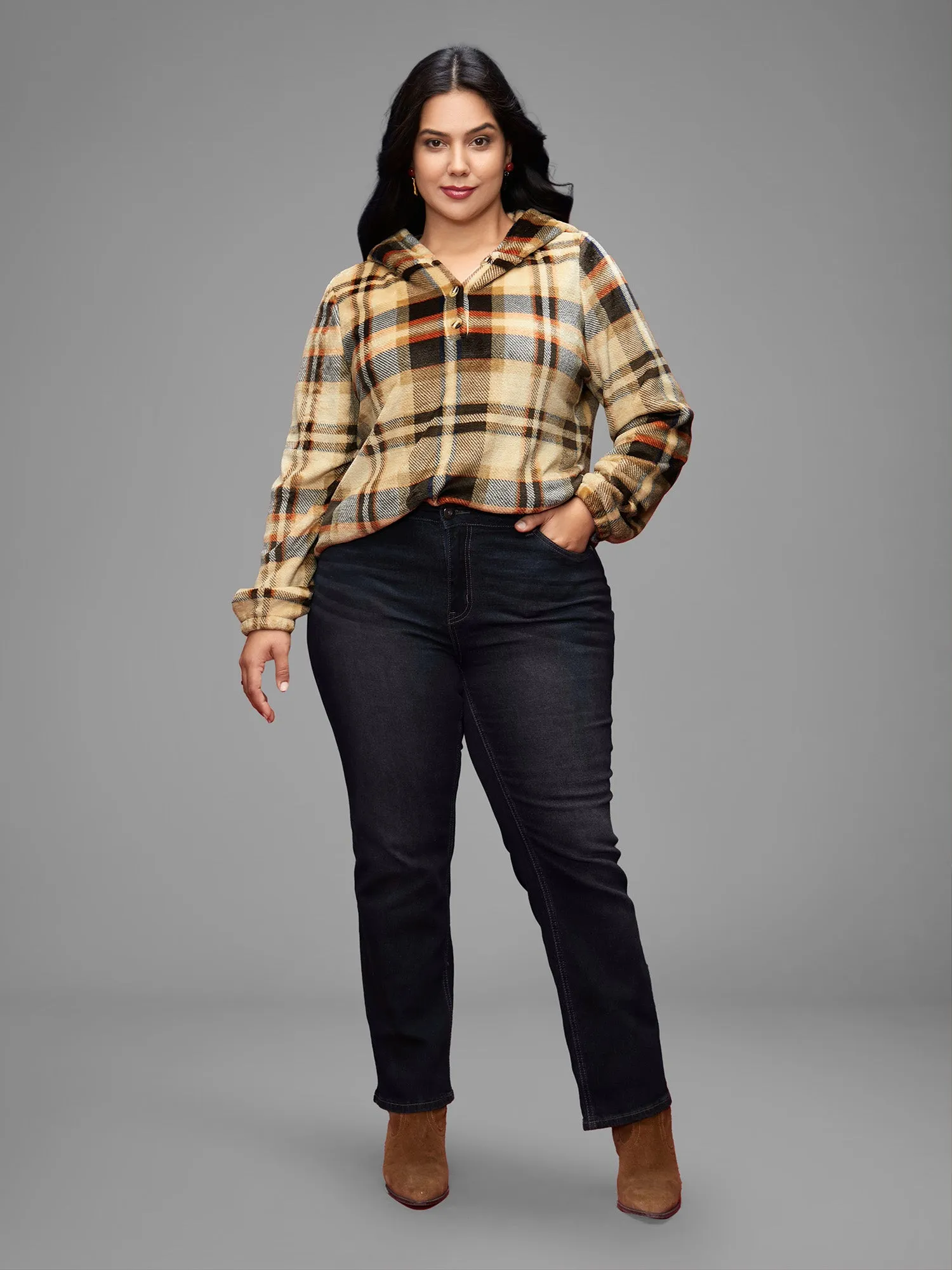 Fuzzy Pullover Plaid Hoodie