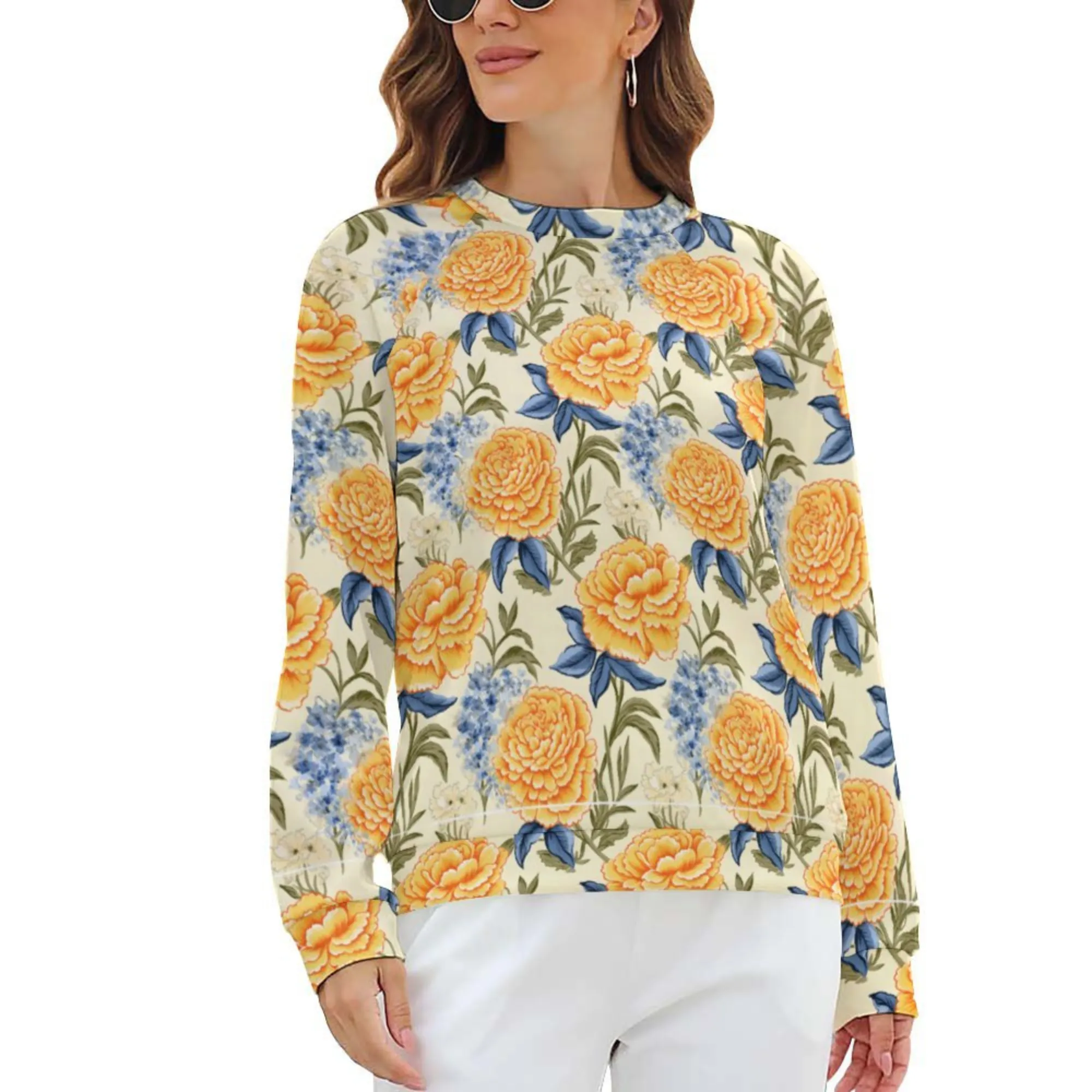 Golden Florals | Women’s Raglan Sweatshirt | Cozy Autumn & Winter Crewneck