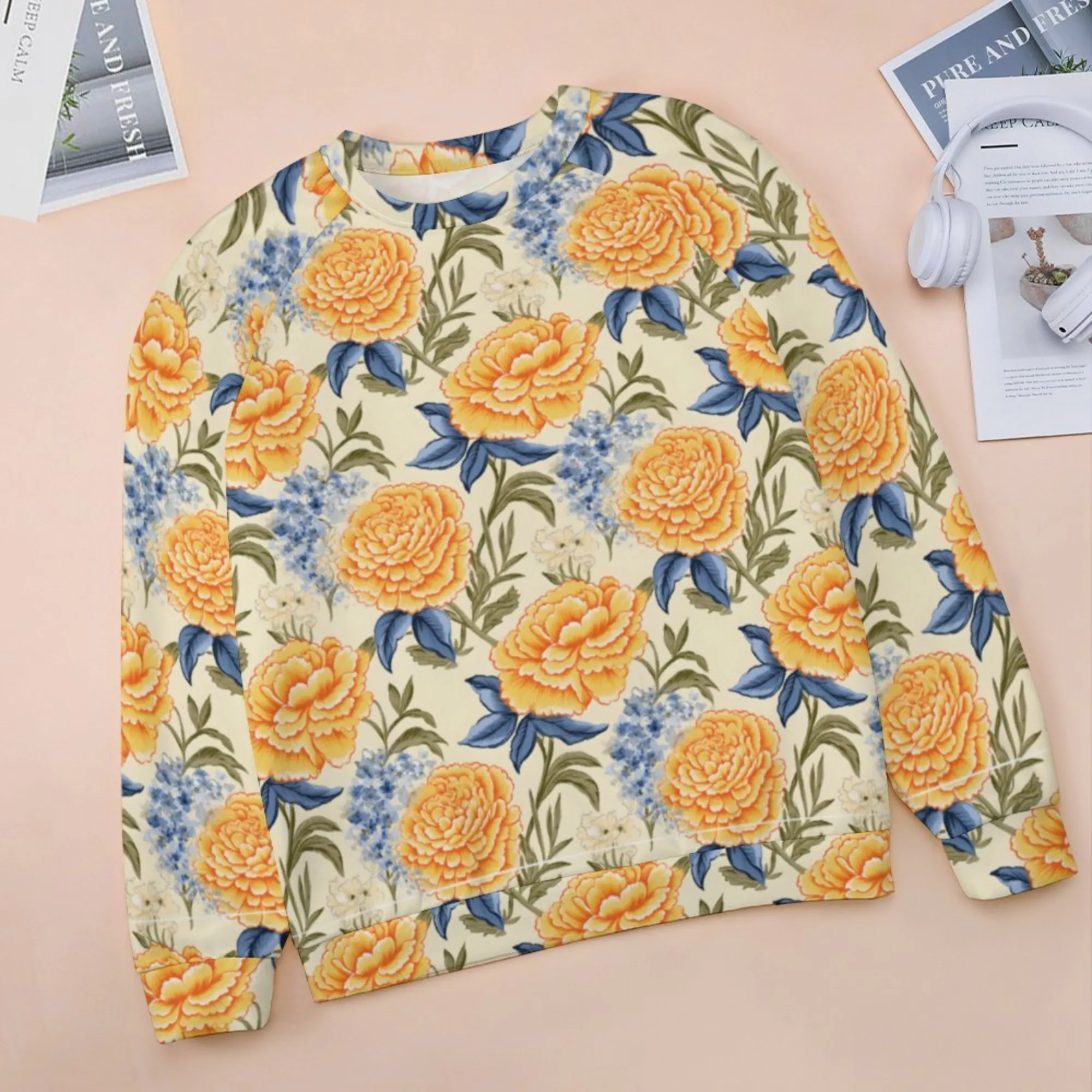 Golden Florals | Women’s Raglan Sweatshirt | Cozy Autumn & Winter Crewneck