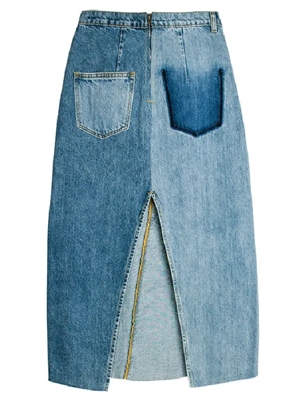 High Waist Color Matching Denim Skirt