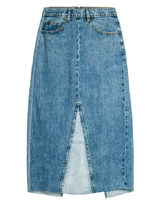 High Waist Color Matching Denim Skirt