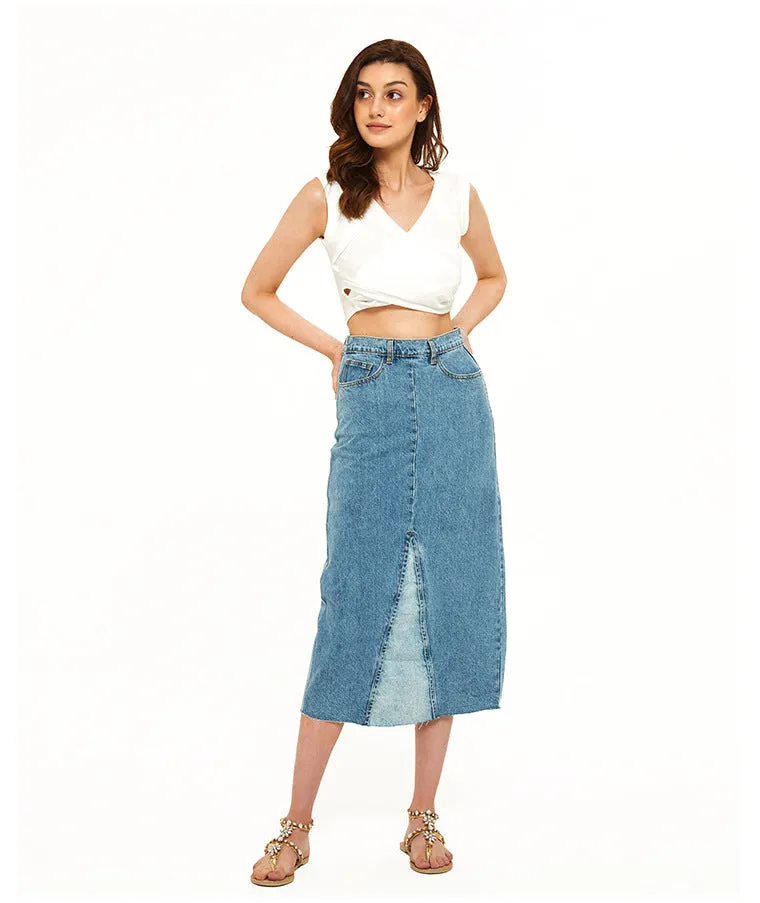 High Waist Color Matching Denim Skirt