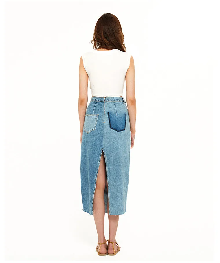 High Waist Color Matching Denim Skirt