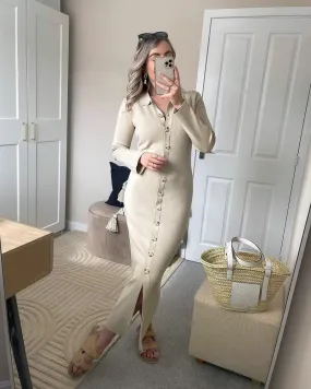 Joskaa Christmas Gift WOTWOY Autumn Winter Button-up Split Knitted Dress Women Sheath Casual Long Sweater Dresses Female Slim Sexy Party Vestidos 2024