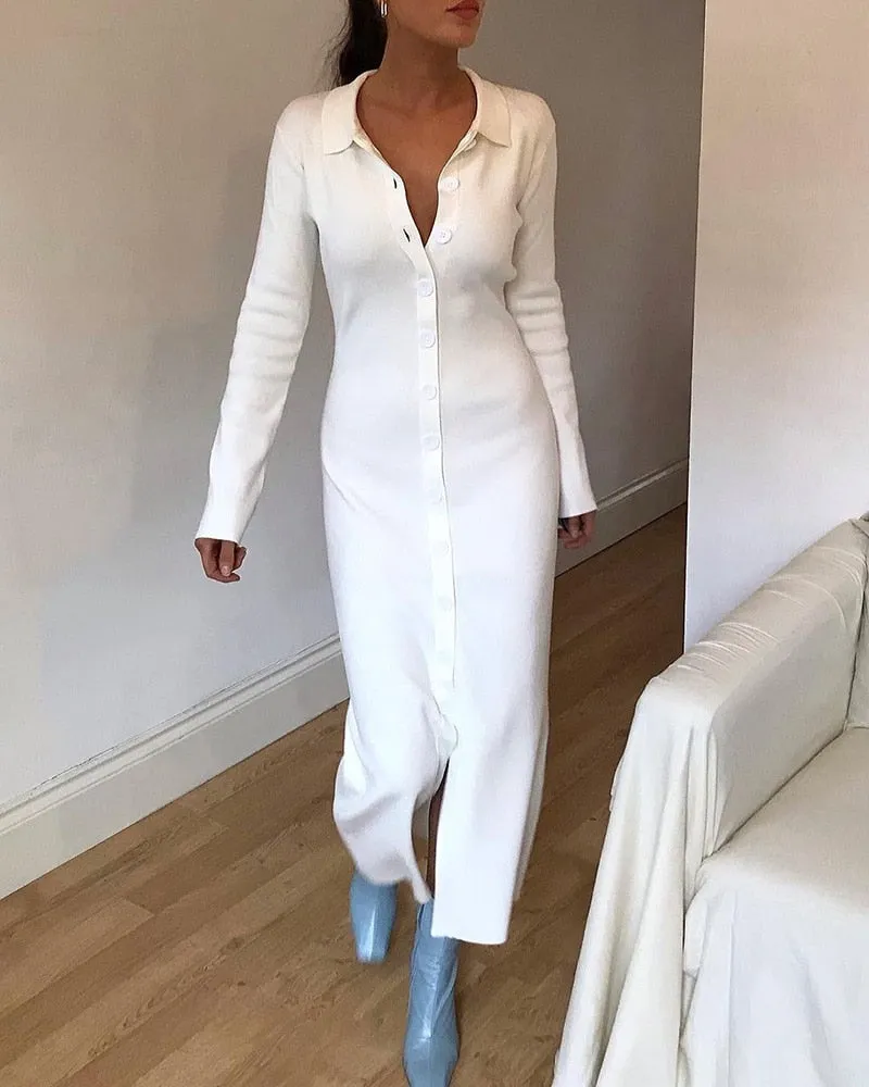 Joskaa Christmas Gift WOTWOY Autumn Winter Button-up Split Knitted Dress Women Sheath Casual Long Sweater Dresses Female Slim Sexy Party Vestidos 2024