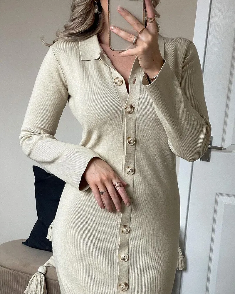 Joskaa Christmas Gift WOTWOY Autumn Winter Button-up Split Knitted Dress Women Sheath Casual Long Sweater Dresses Female Slim Sexy Party Vestidos 2024