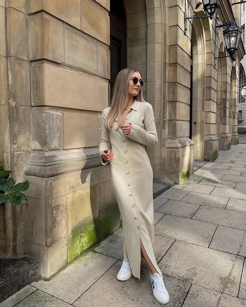 Joskaa Christmas Gift WOTWOY Autumn Winter Button-up Split Knitted Dress Women Sheath Casual Long Sweater Dresses Female Slim Sexy Party Vestidos 2024