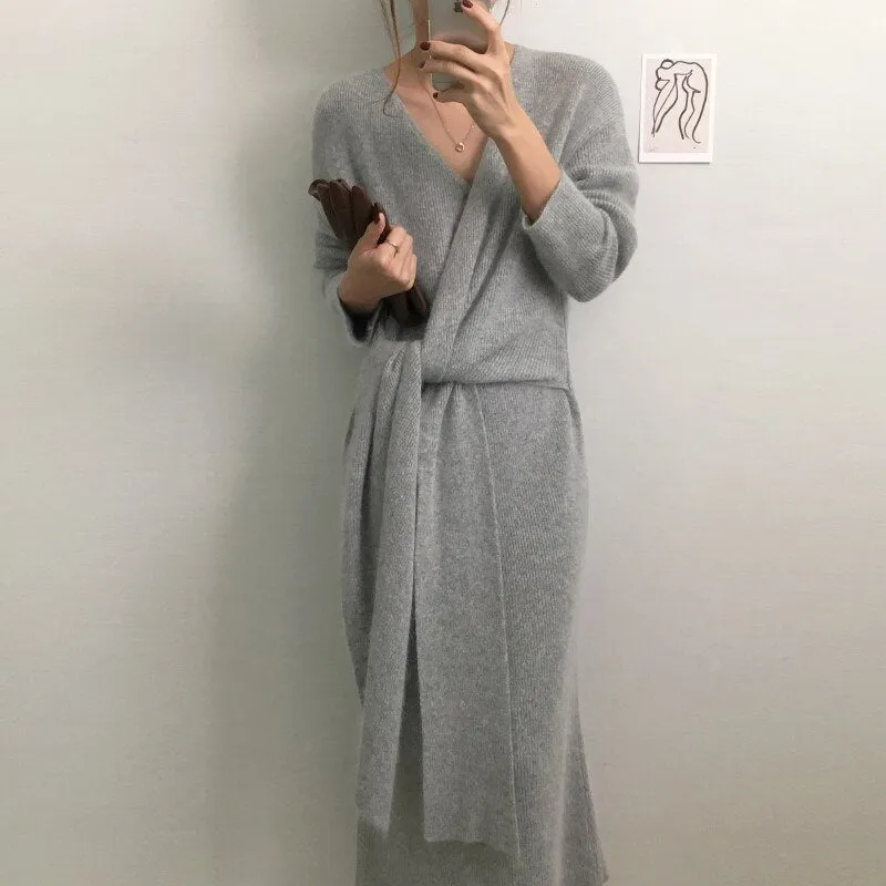 Joskaa Elegant Knit Dresses for Women Fall Winter 2024 Fashion New Long Sleeve V Neck A Line Sweater Midi Dress with Side Belt