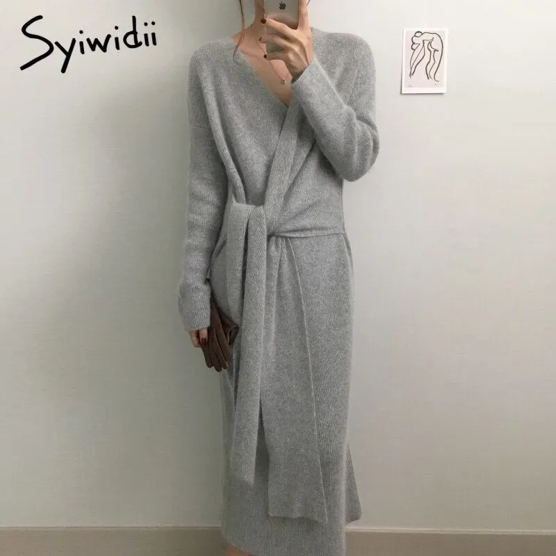 Joskaa Elegant Knit Dresses for Women Fall Winter 2024 Fashion New Long Sleeve V Neck A Line Sweater Midi Dress with Side Belt