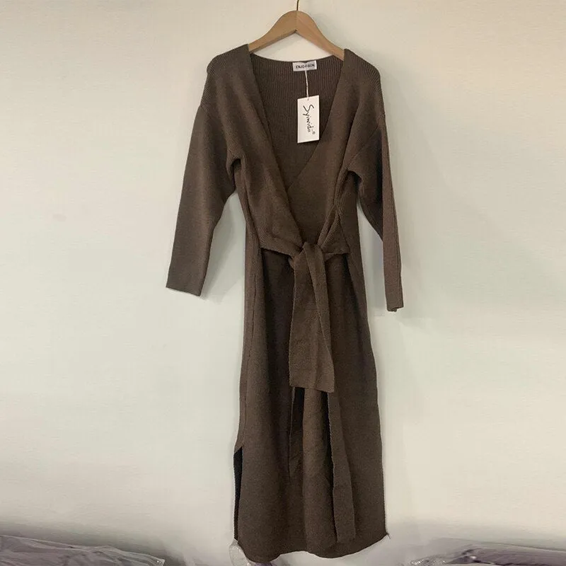 Joskaa Elegant Knit Dresses for Women Fall Winter 2024 Fashion New Long Sleeve V Neck A Line Sweater Midi Dress with Side Belt