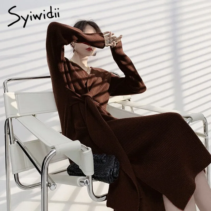 Joskaa Elegant Knit Dresses for Women Fall Winter 2024 Fashion New Long Sleeve V Neck A Line Sweater Midi Dress with Side Belt