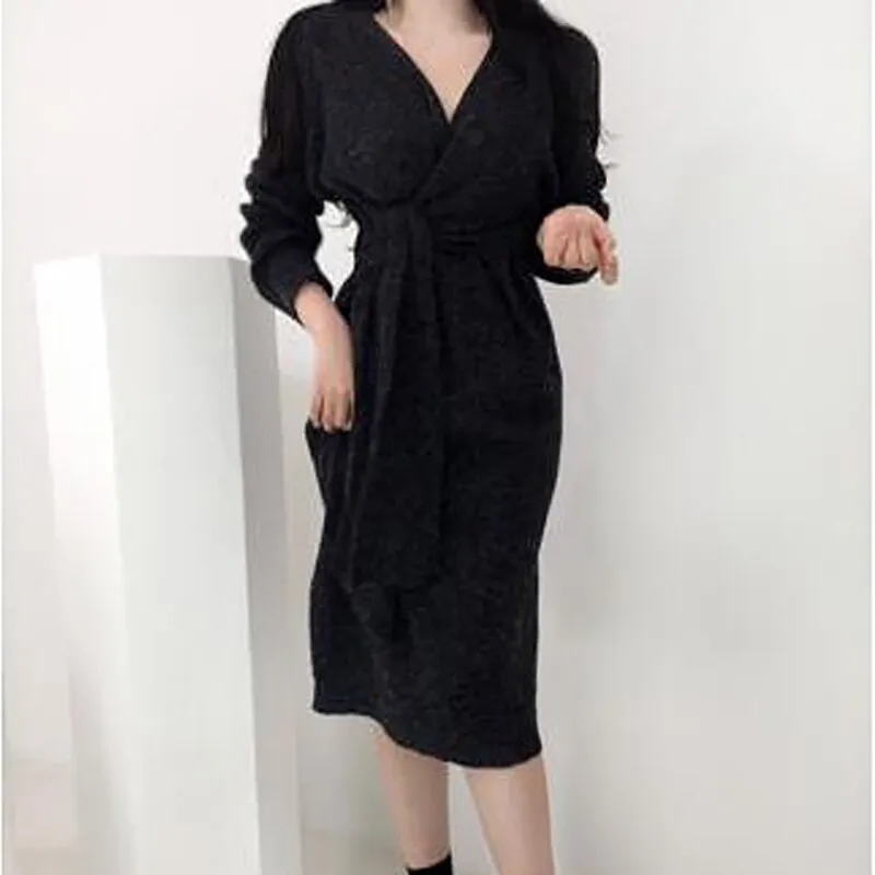 Joskaa Elegant Knit Dresses for Women Fall Winter 2024 Fashion New Long Sleeve V Neck A Line Sweater Midi Dress with Side Belt
