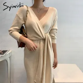 Joskaa Elegant Knit Dresses for Women Fall Winter 2024 Fashion New Long Sleeve V Neck A Line Sweater Midi Dress with Side Belt