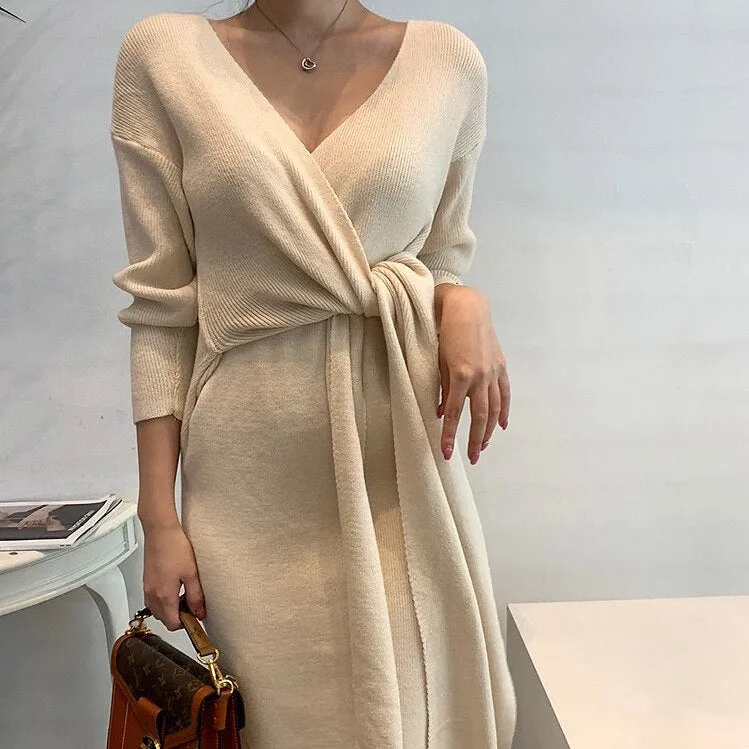 Joskaa Elegant Knit Dresses for Women Fall Winter 2024 Fashion New Long Sleeve V Neck A Line Sweater Midi Dress with Side Belt
