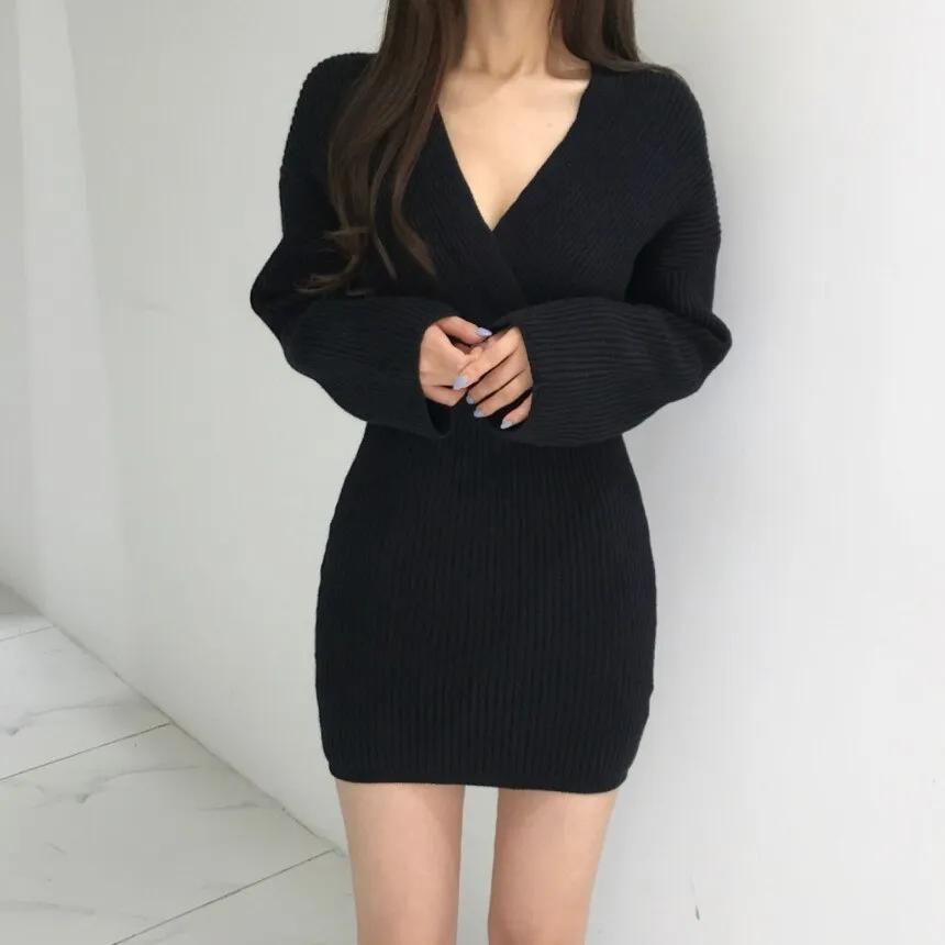 Joskaa hoco dresses Knitting Short Dress for Woman Fall Winter 2024 Korean New Long Sleeve V Neck Fashion A Line Slim Sweater Mini Dresses