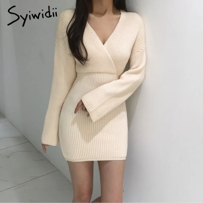 Joskaa hoco dresses Knitting Short Dress for Woman Fall Winter 2024 Korean New Long Sleeve V Neck Fashion A Line Slim Sweater Mini Dresses
