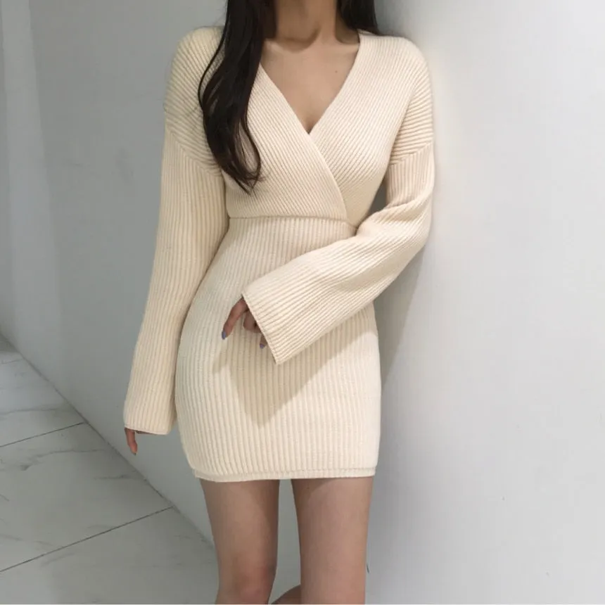 Joskaa hoco dresses Knitting Short Dress for Woman Fall Winter 2024 Korean New Long Sleeve V Neck Fashion A Line Slim Sweater Mini Dresses