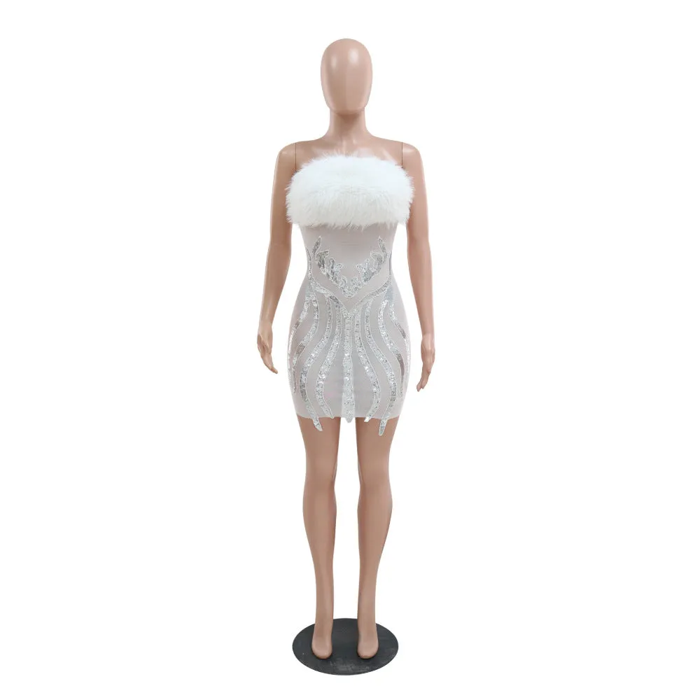 MALYBGG Trendy Furry Strapless Bodycon Dress 900565LY