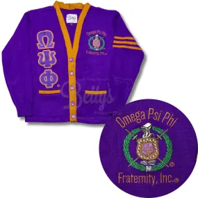 Omega Psi Phi ΩΨΦ Cardigan Sweater with Double Stitched Twill Embroidered Letters & ΩΨΦ Shield