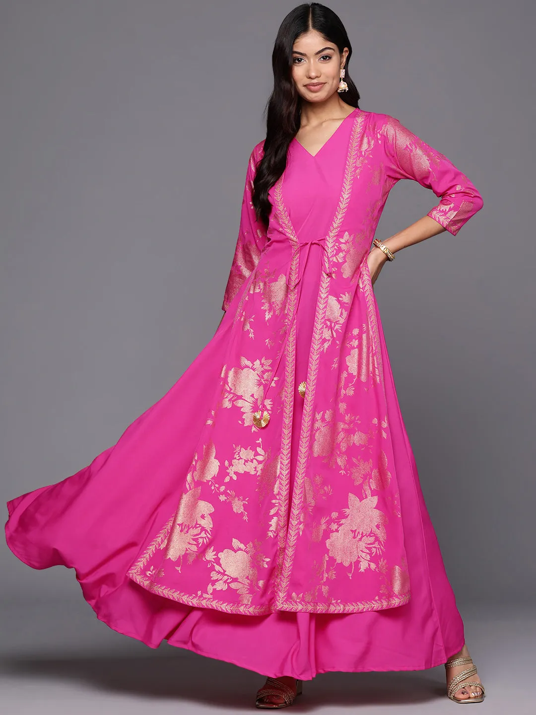 Pink & Gold Floral Print Layered A-Line Maxi Dress