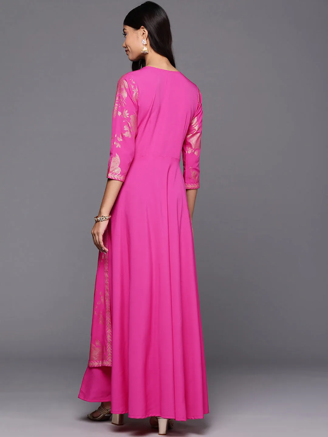 Pink & Gold Floral Print Layered A-Line Maxi Dress