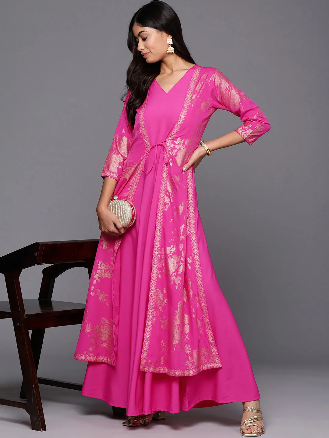 Pink & Gold Floral Print Layered A-Line Maxi Dress