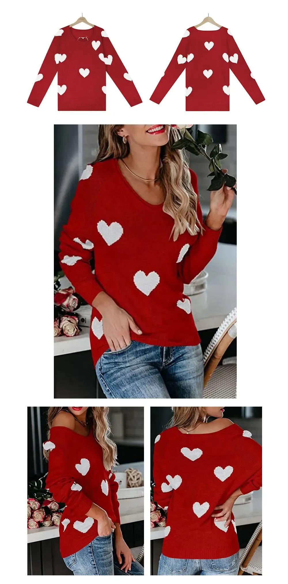Scoop Neck Cold Shoulder Girly Hearts Sweaters