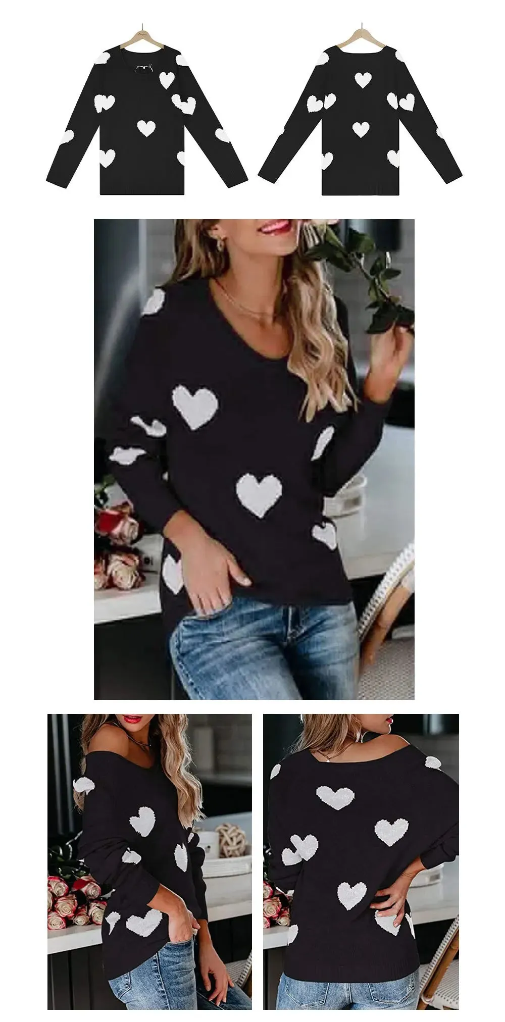 Scoop Neck Cold Shoulder Girly Hearts Sweaters