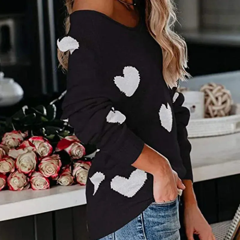 Scoop Neck Cold Shoulder Girly Hearts Sweaters