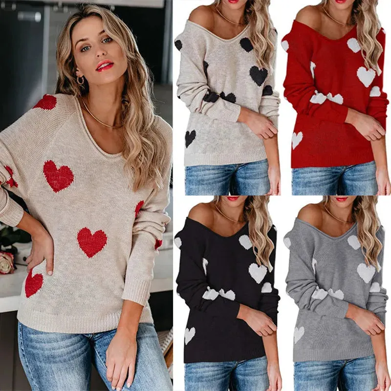 Scoop Neck Cold Shoulder Girly Hearts Sweaters