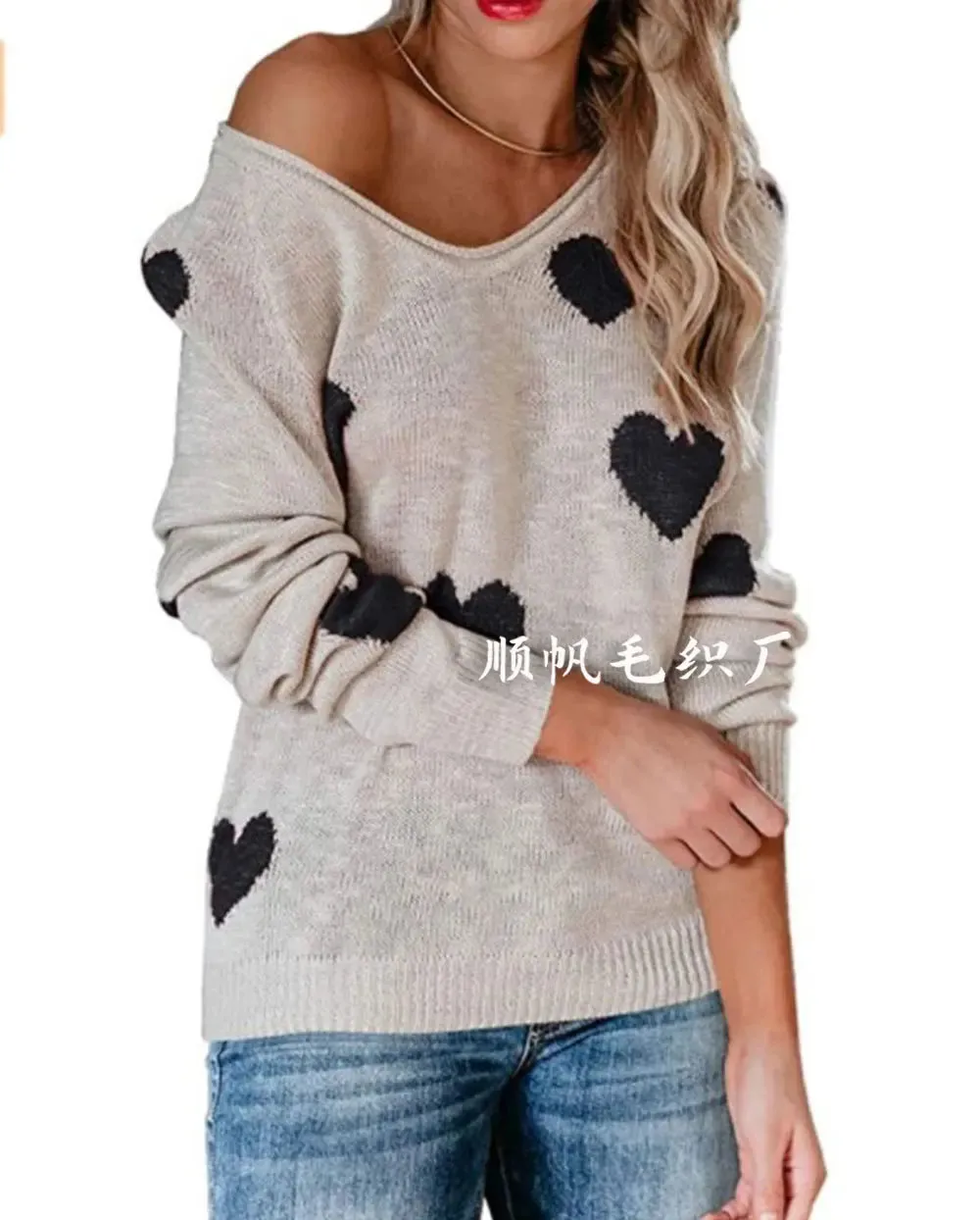 Scoop Neck Cold Shoulder Girly Hearts Sweaters