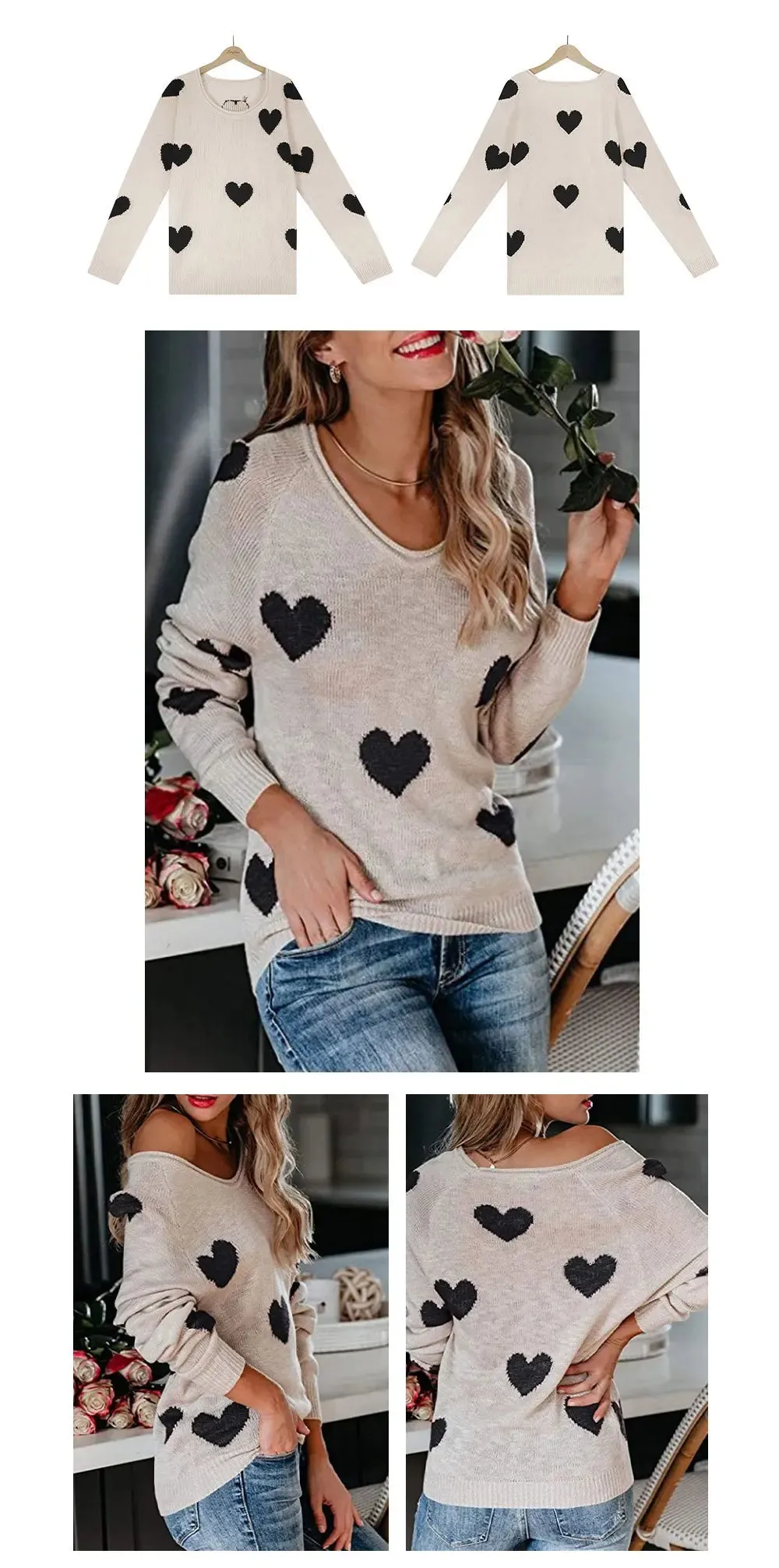 Scoop Neck Cold Shoulder Girly Hearts Sweaters
