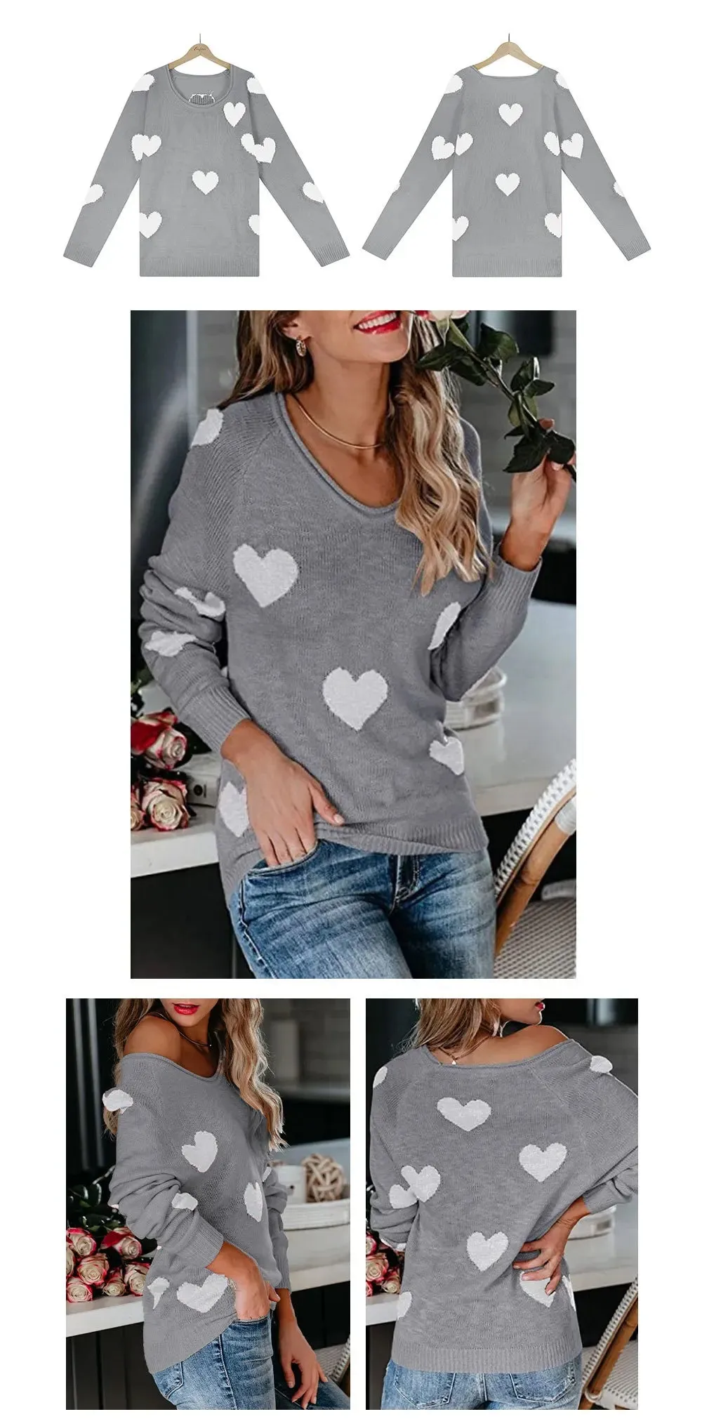 Scoop Neck Cold Shoulder Girly Hearts Sweaters