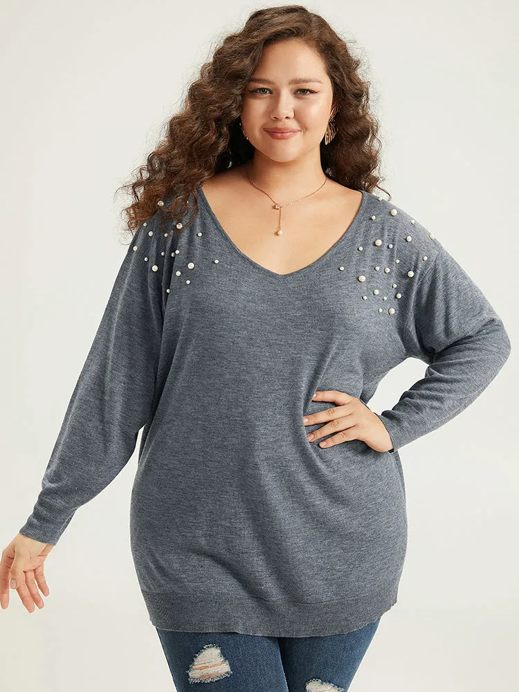 Supersoft Essentials Heather Pearl Beaded V Neck Pullover