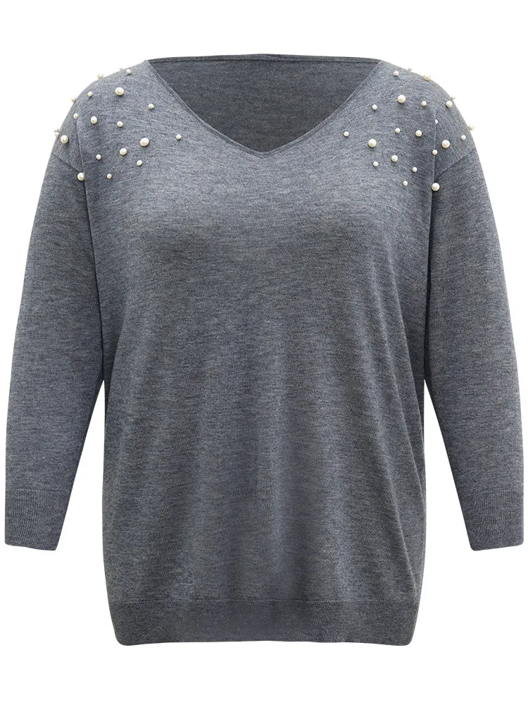 Supersoft Essentials Heather Pearl Beaded V Neck Pullover