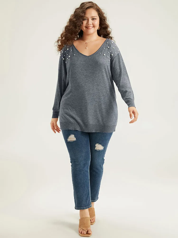 Supersoft Essentials Heather Pearl Beaded V Neck Pullover