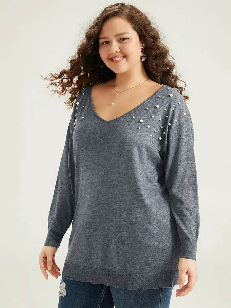 Supersoft Essentials Heather Pearl Beaded V Neck Pullover