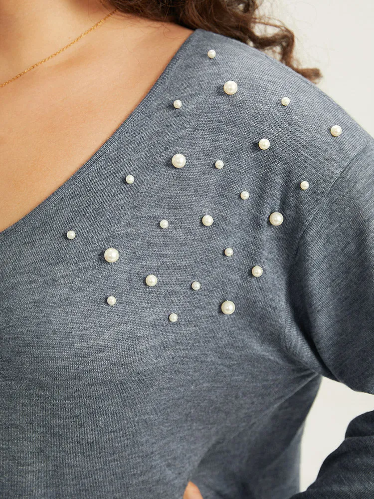 Supersoft Essentials Heather Pearl Beaded V Neck Pullover