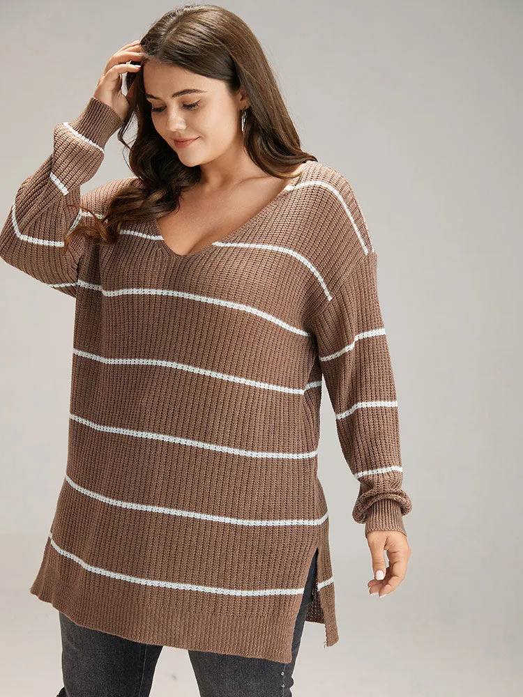 Supersoft Essentials Striped V Neck Split Hem Pullover