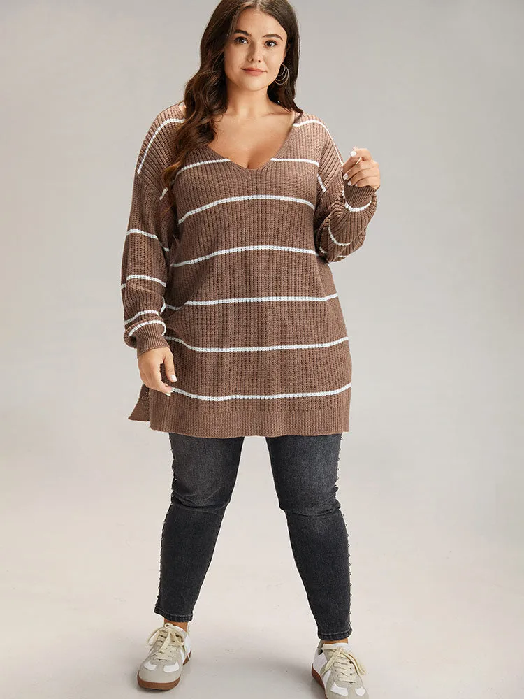Supersoft Essentials Striped V Neck Split Hem Pullover